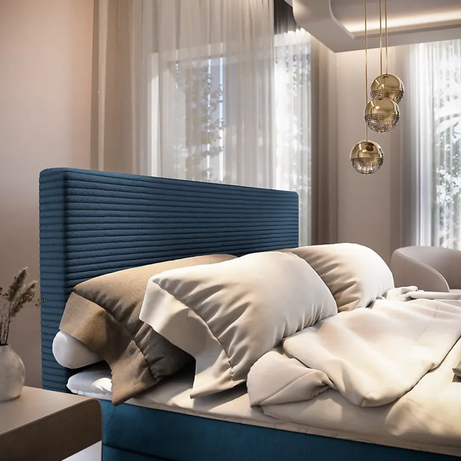 Masseno Lit Boxspring GIARRO 140X200 CM POSO 05 + KRONOS 05, Bleu, Lit avec matelas et rangement Best