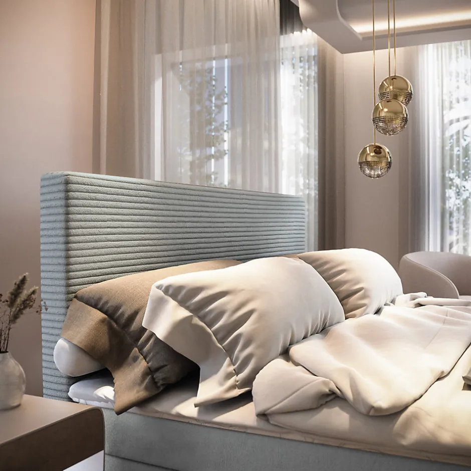 Masseno Lit Boxspring GIARRO 180X200 CM POSO 55 + PAROS 05, Gris clair, Lit avec matelas et rangement