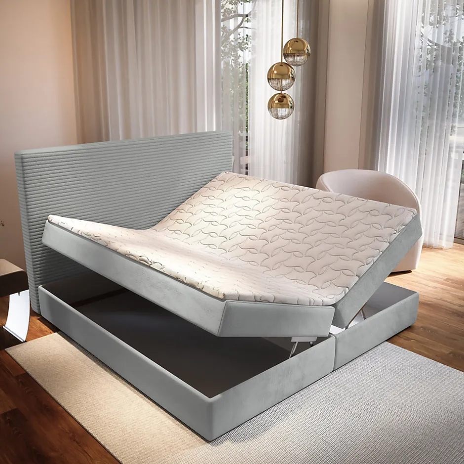 Masseno Lit Boxspring GIARRO 180X200 CM POSO 55 + PAROS 05, Gris clair, Lit avec matelas et rangement
