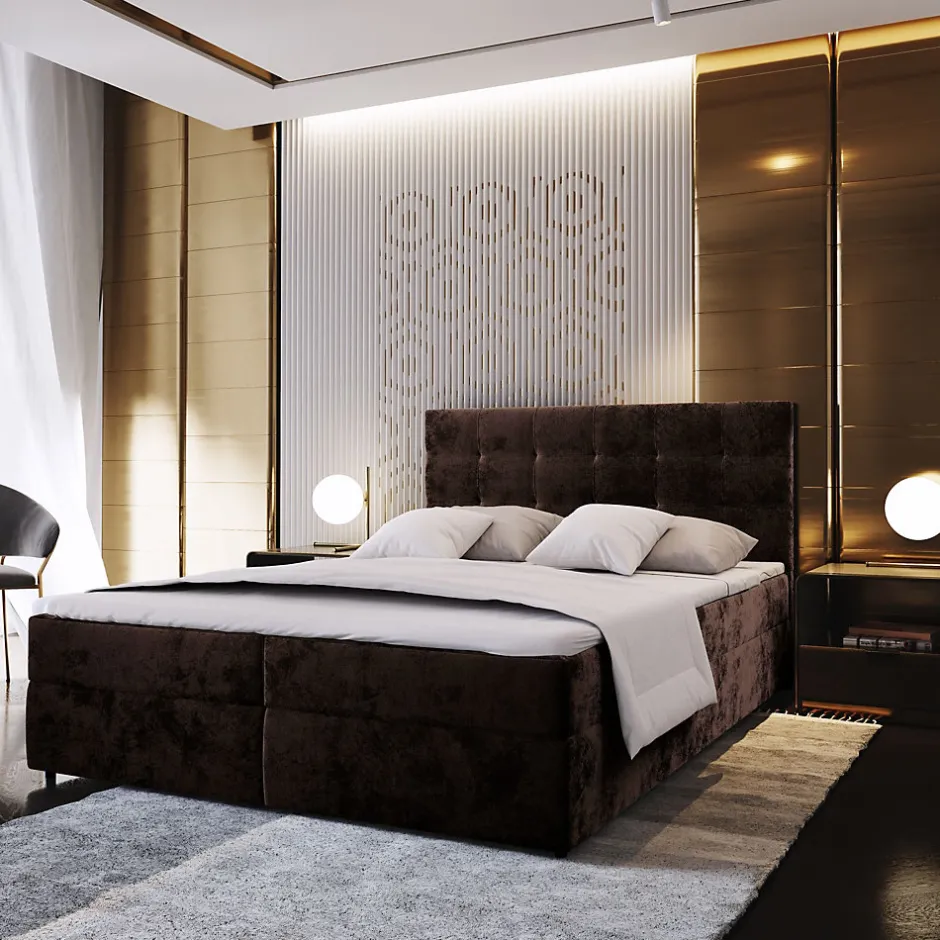 Masseno Lit Boxspring GLOS 140X200 CM KRONOS 06, Marron, Lit avec matelas et rangement