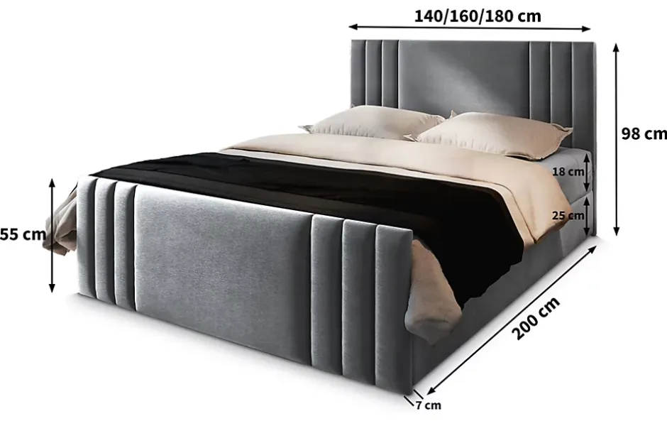 Masseno Lit Boxspring KANES 140X200 CM CASABLANCA 16, Noir, Lit avec matelas et rangement New