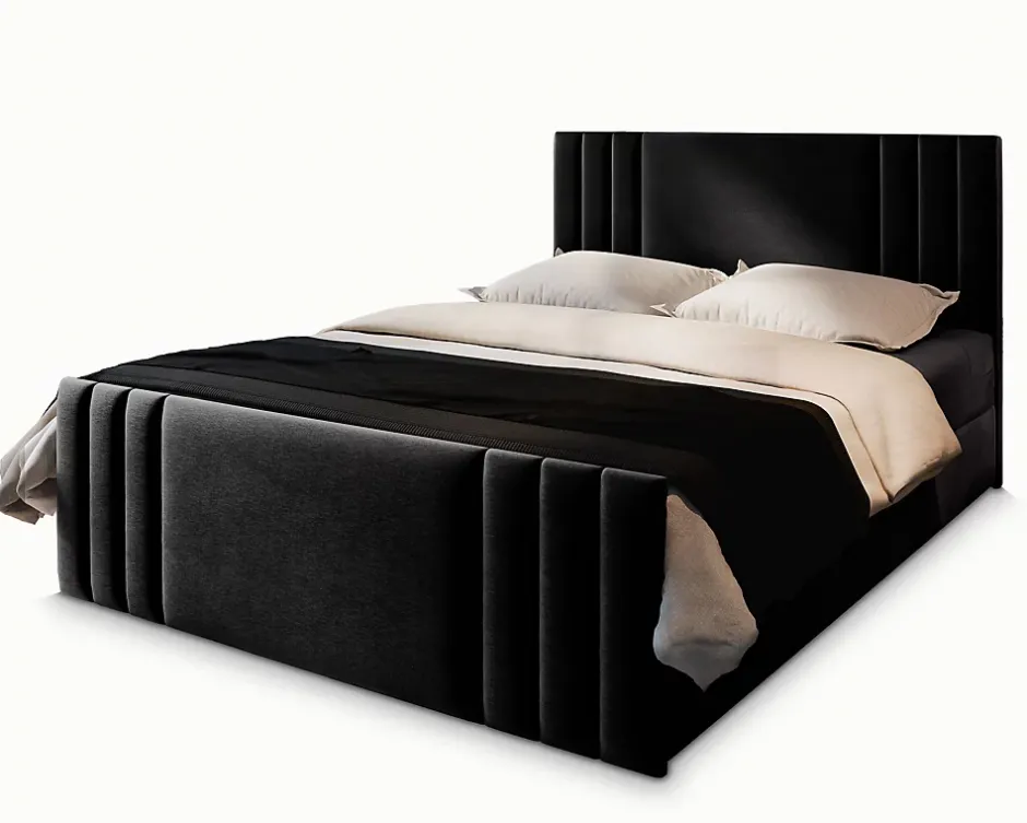 Masseno Lit Boxspring KANES 140X200 CM CASABLANCA 16, Noir, Lit avec matelas et rangement New