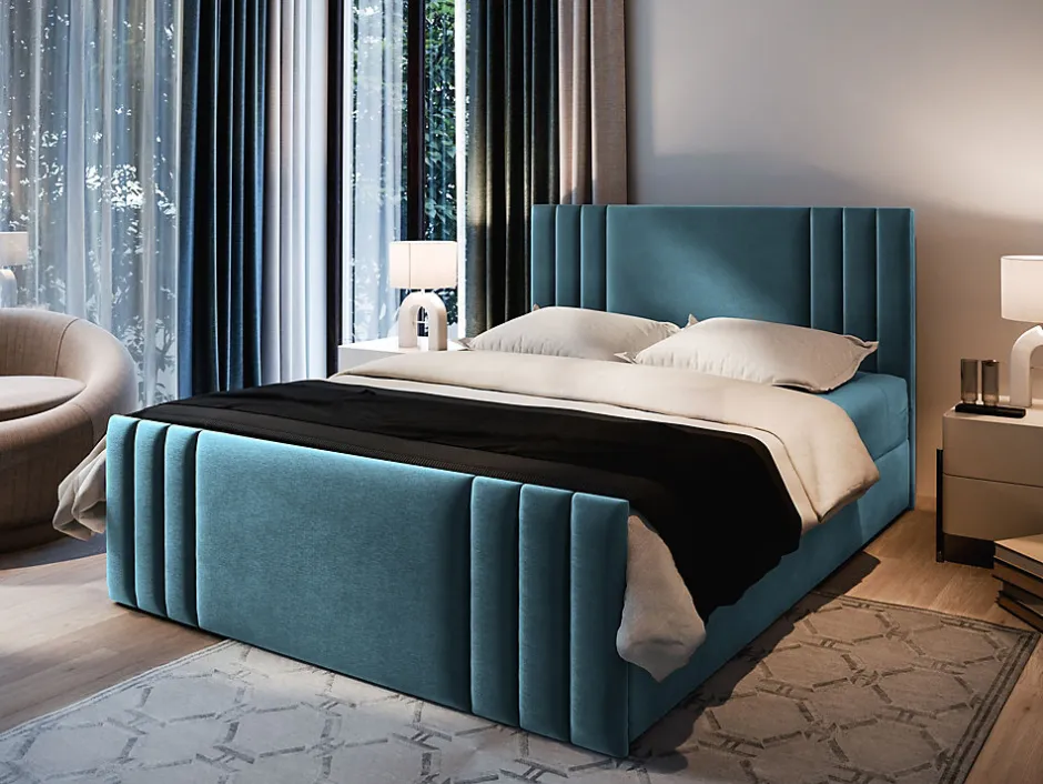 Masseno Lit Boxspring KANES 180X200 CM CASABLANCA 13, Bleu, Lit avec matelas et rangement