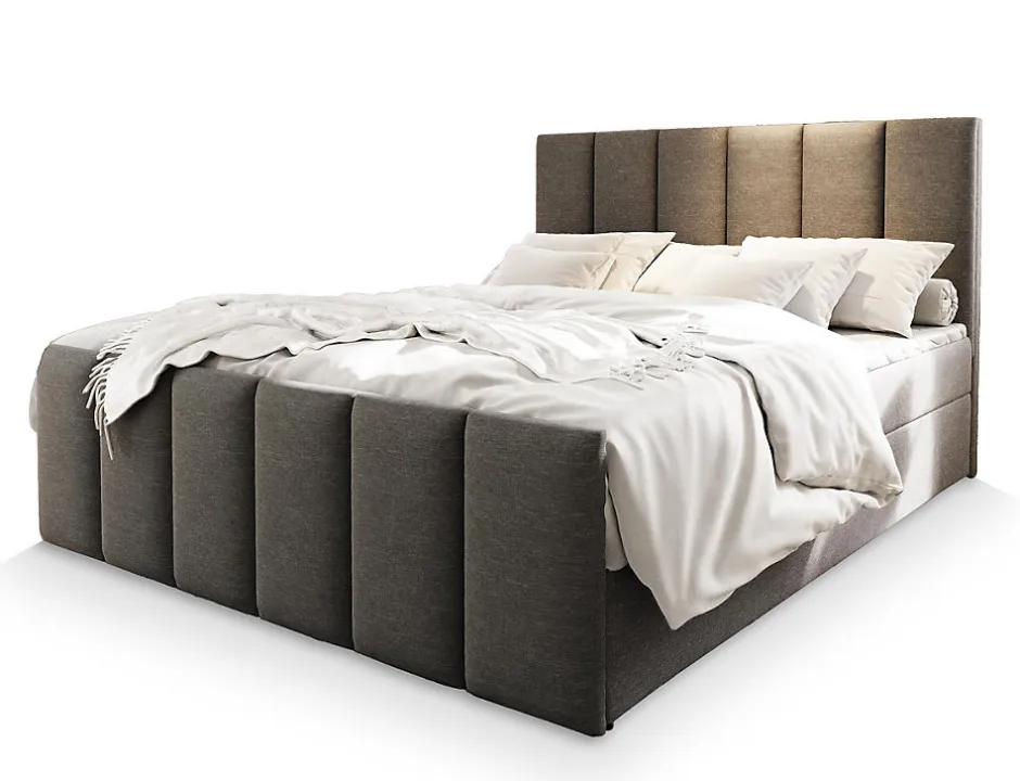 Masseno Lit Boxspring LAGO 180X200 CM SAWANA 21, Gris clair, Lit avec matelas et rangement