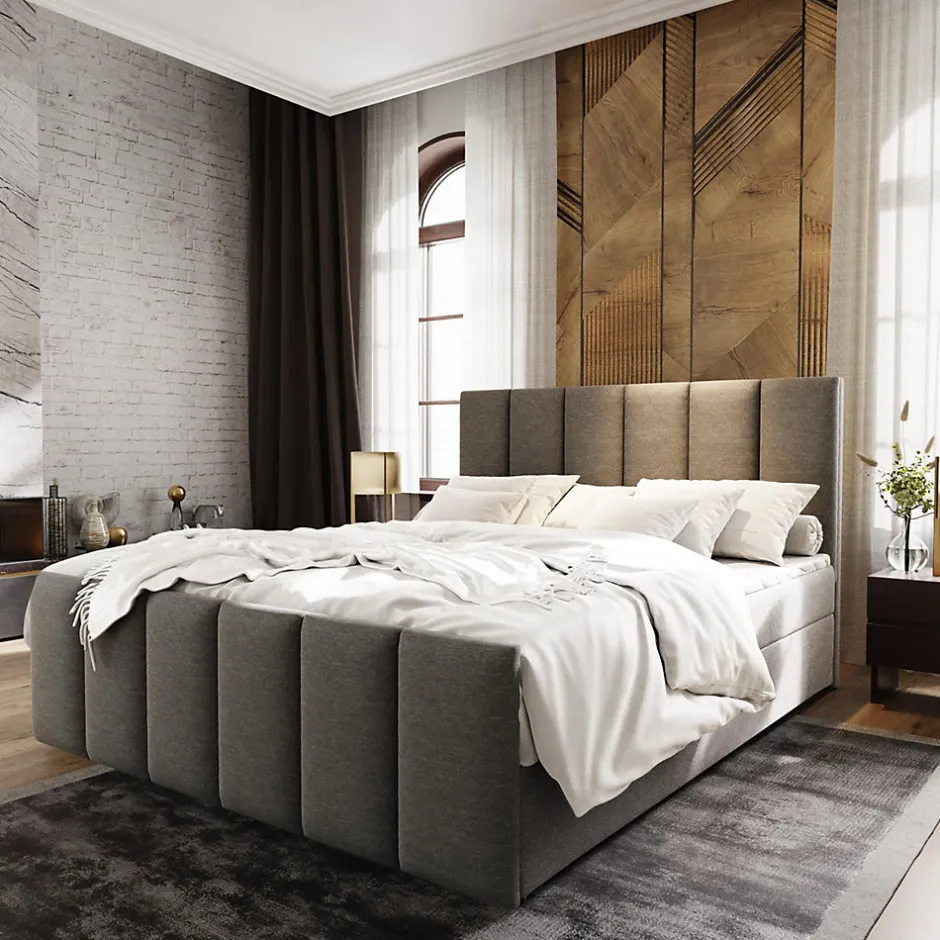 Masseno Lit Boxspring LAGO 180X200 CM SAWANA 21, Gris clair, Lit avec matelas et rangement