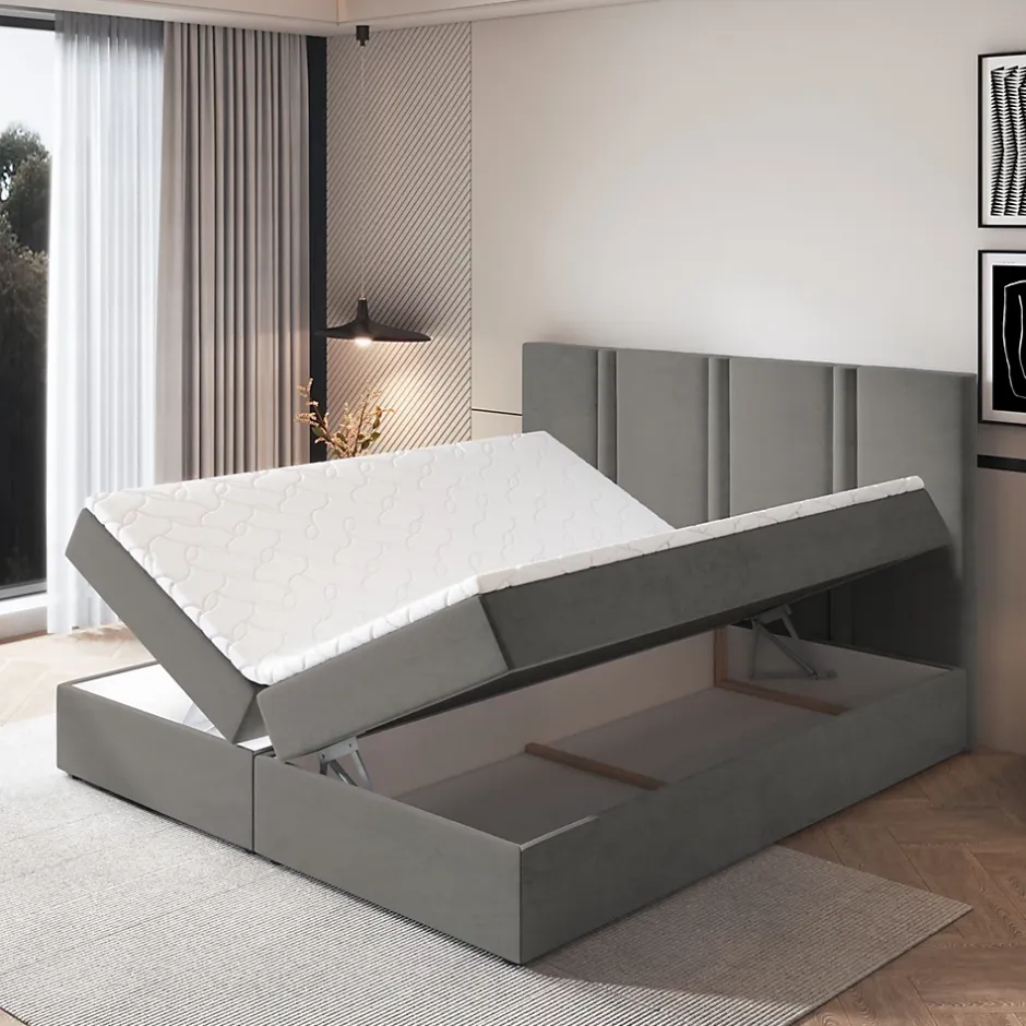 Masseno Lit Boxspring LARIO 160X200 CM KRONOS 15, Gris, Lit avec matelas et rangement New