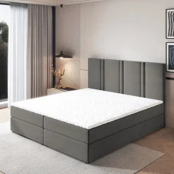 Masseno Lit Boxspring LARIO 160X200 CM KRONOS 15, Gris, Lit avec matelas et rangement New