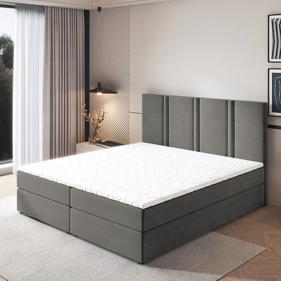 Masseno Lit Boxspring LARIO 160X200 CM KRONOS 15, Gris, Lit avec matelas et rangement New