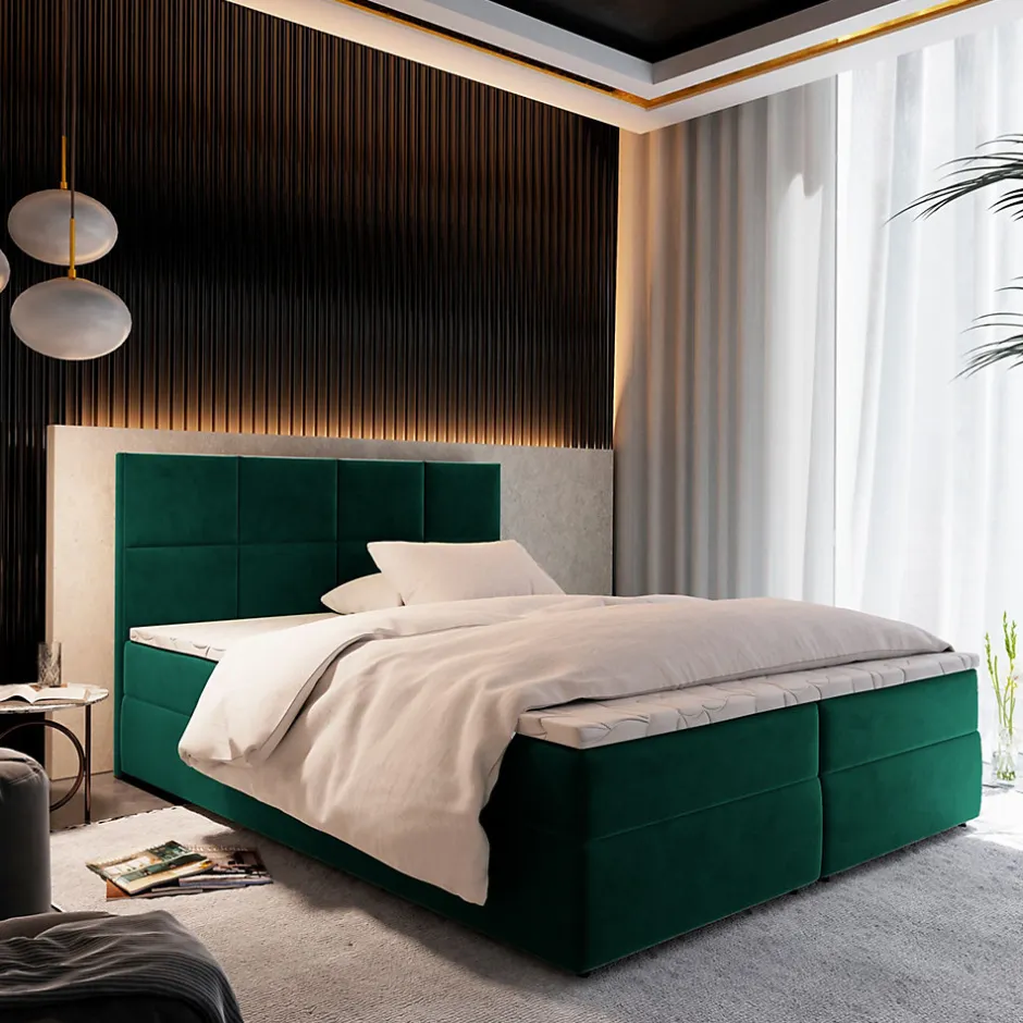 Masseno Lit Boxspring LENA 180X200 CM KRONOS 19, Vert, Lit avec matelas et rangement