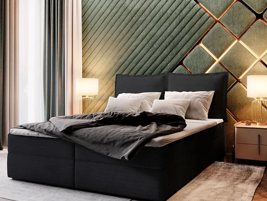 Masseno Lit Boxspring LENTE 160X200 CM LINCOLN 100, Noir, Lit avec matelas et rangement
