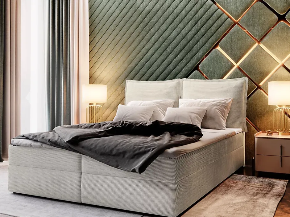Masseno Lit Boxspring LENTE 180X200 CM LINCOLN 83, Beige, Lit avec matelas et rangement New