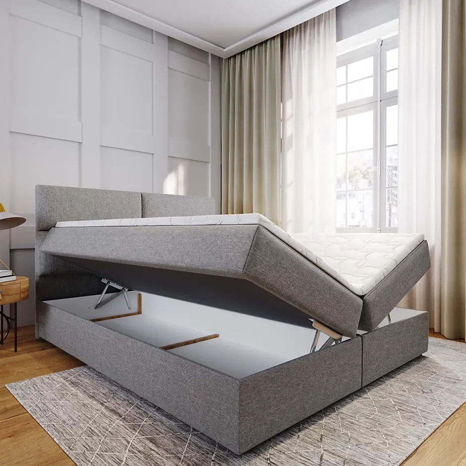 Masseno Lit Boxspring LONIS 160X200 CM SAWANA 14, Noir, Lit avec matelas et rangement New