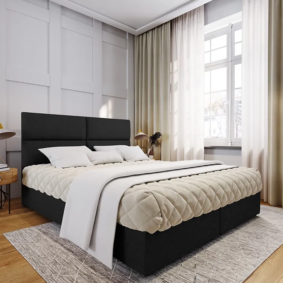 Masseno Lit Boxspring LONIS 160X200 CM SAWANA 14, Noir, Lit avec matelas et rangement New