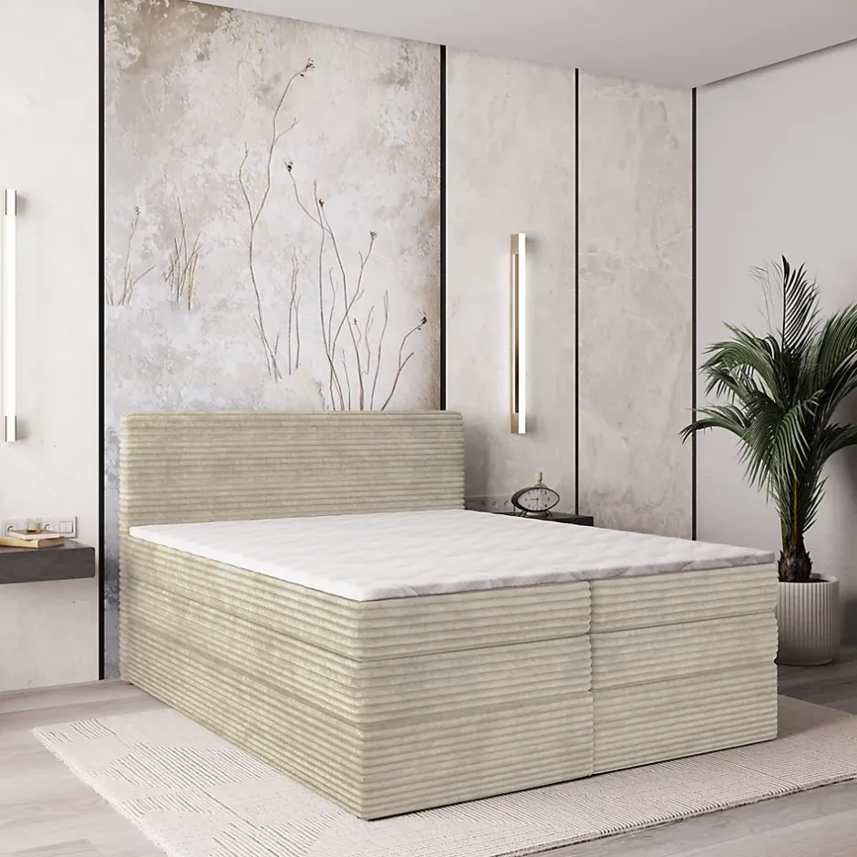 Masseno Lit Boxspring LUNERA 180X200 CM TILIA 03, Crème, Lit avec matelas et rangement Outlet