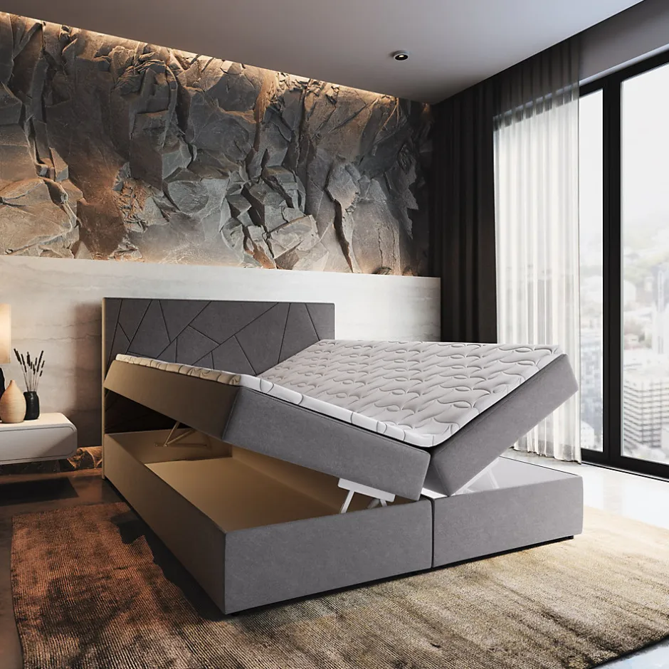 Masseno Lit Boxspring MADO 160X200 CM INARI 72, Bleu, Lit avec matelas et rangement