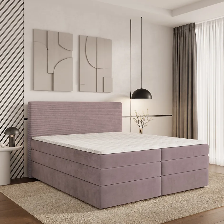 Masseno Lit Boxspring MATERN 140X200 CM POSO 27 + KRONOS 27, Rose, Lit avec matelas et rangement