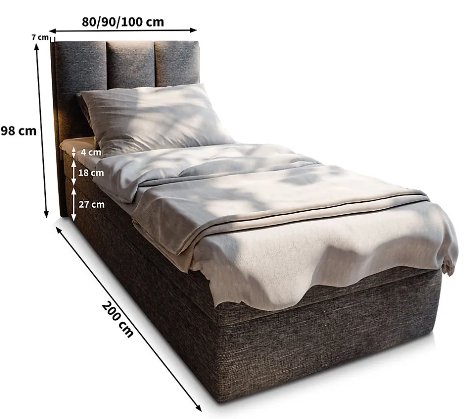 Masseno Lit Boxspring MERIL 80 80X200 CM SAWANA 14, Noir, Lit avec matelas et rangement