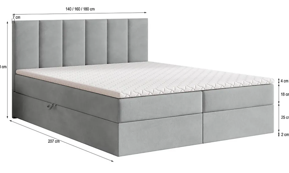 Masseno Lit Boxspring MERIL 140X200 CM PAROS 05, Gris clair, Lit avec matelas et rangement