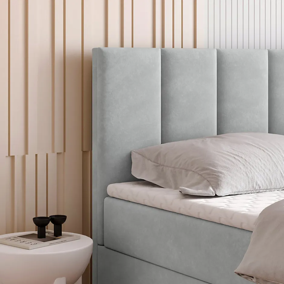 Masseno Lit Boxspring MERIL 140X200 CM PAROS 05, Gris clair, Lit avec matelas et rangement