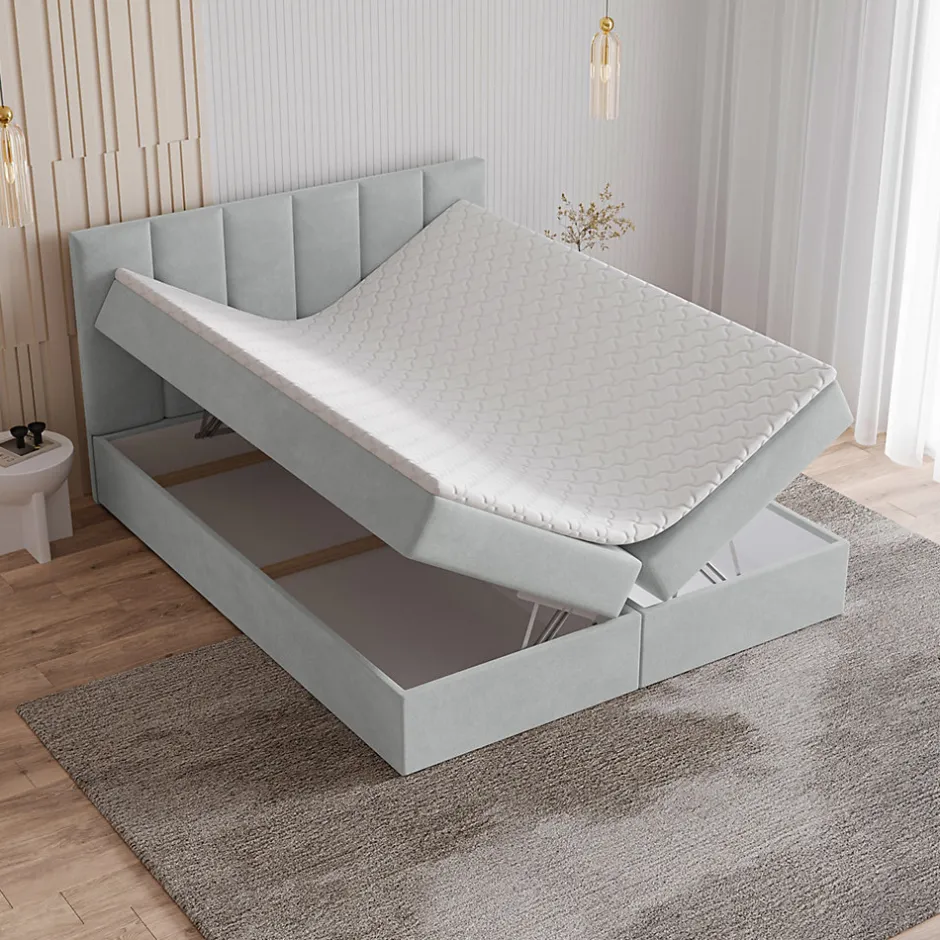 Masseno Lit Boxspring MERIL 140X200 CM PAROS 05, Gris clair, Lit avec matelas et rangement