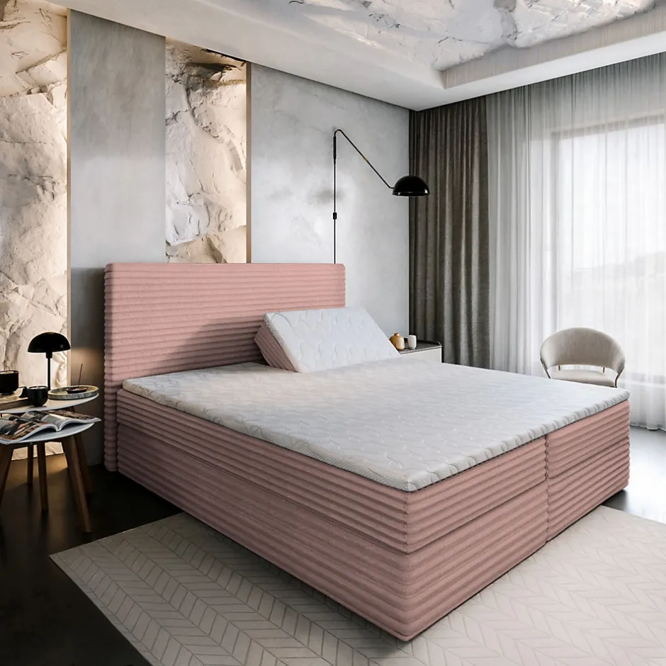 Masseno Lit Boxspring MILARA 160X200 CM TILIA 62, Rose, Lit avec matelas et rangement