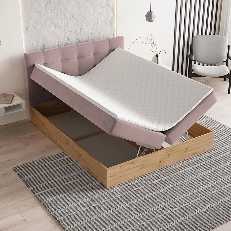 Masseno Lit Boxspring MOLVEN 140X200 CM SORO 61, Rose, Lit avec matelas et rangement