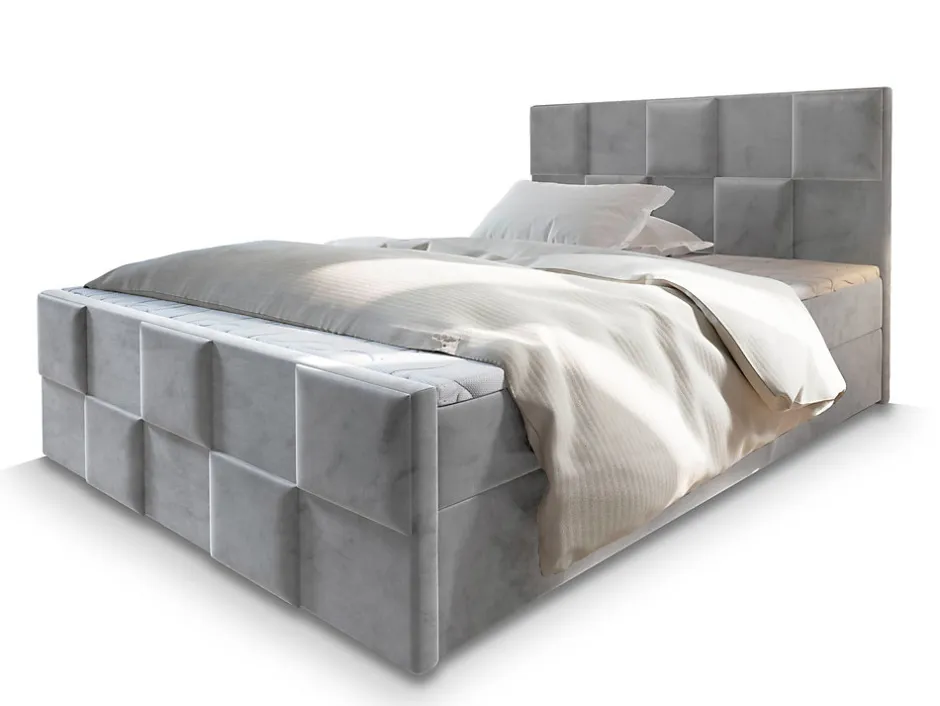 Masseno Lit Boxspring MONA 140X200 CM PAROS 05, Gris clair, Lit avec matelas et rangement
