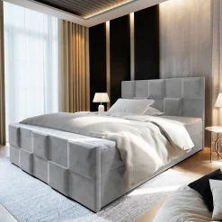 Masseno Lit Boxspring MONA 140X200 CM PAROS 05, Gris clair, Lit avec matelas et rangement