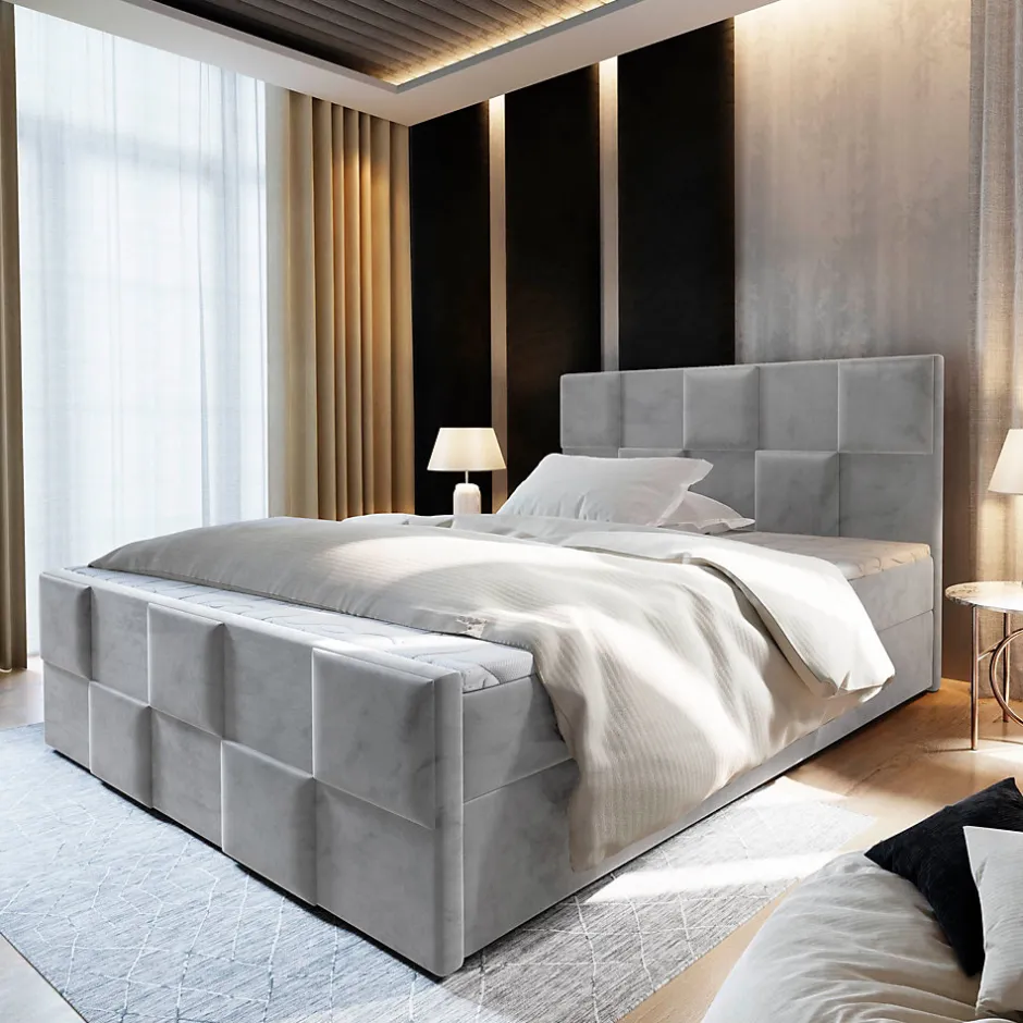 Masseno Lit Boxspring MONA 140X200 CM PAROS 05, Gris clair, Lit avec matelas et rangement
