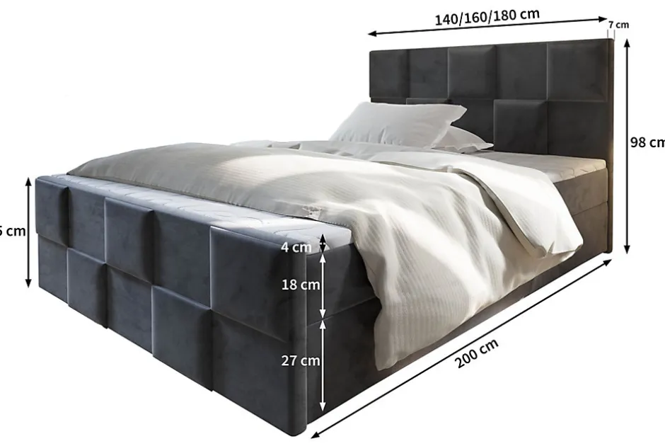 Masseno Lit Boxspring MONA 140X200 CM PAROS 05, Gris clair, Lit avec matelas et rangement