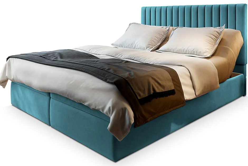 Masseno Lit Boxspring MURLO 180X200 CM KRONOS 13, Bleu, Lit avec matelas et rangement