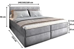 Masseno Lit Boxspring PELLIO 140X200 CM MONOLITH 84, Gris clair, Lit avec matelas et rangement