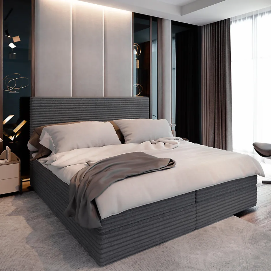 Masseno Lit Boxspring PISA 140X200 CM TILIA 90, Graphite, Lit avec matelas et rangement
