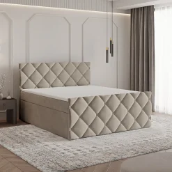 Masseno Lit Boxspring ROVARI 180X200 CM PAROS 02, Beige, Lit avec matelas et rangement