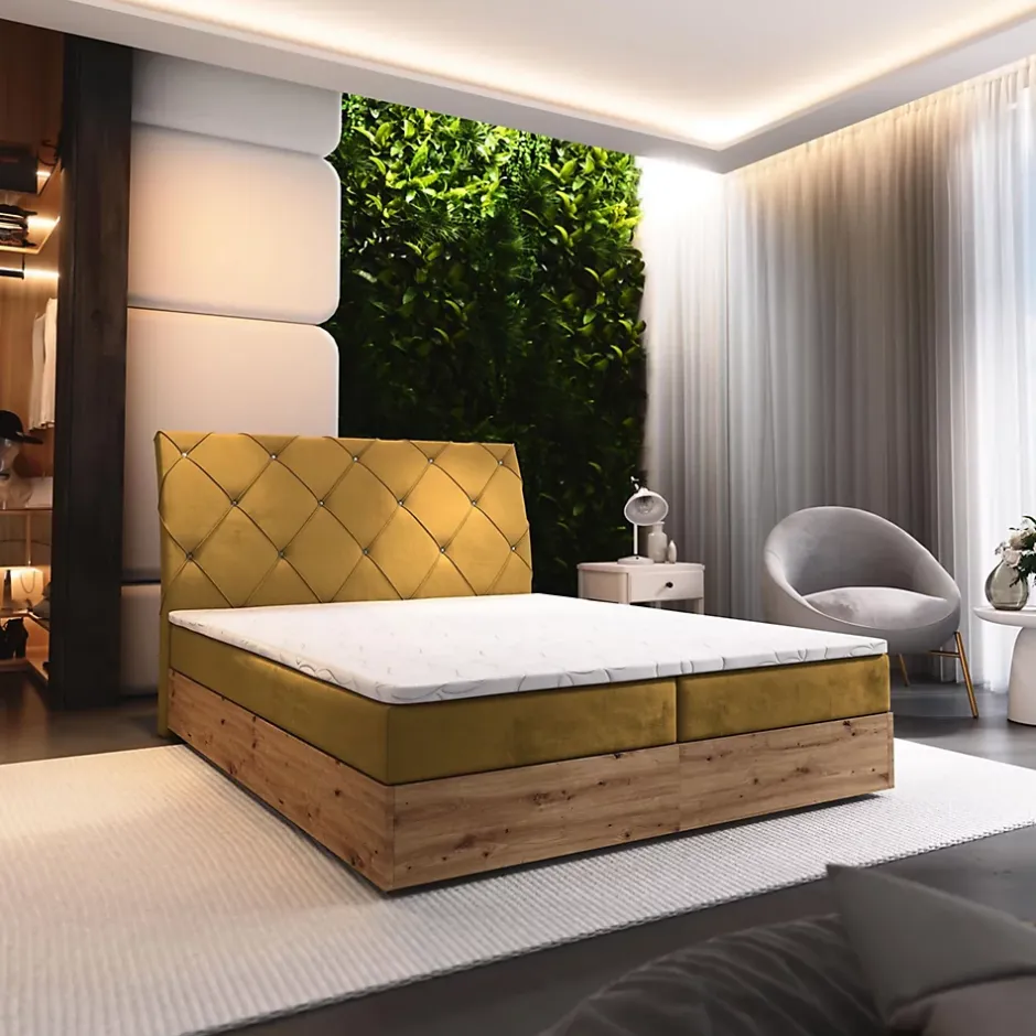 Masseno Lit Boxspring VELLANO 160X200 CM KRONOS 01, Jaune, Lit avec matelas et rangement New