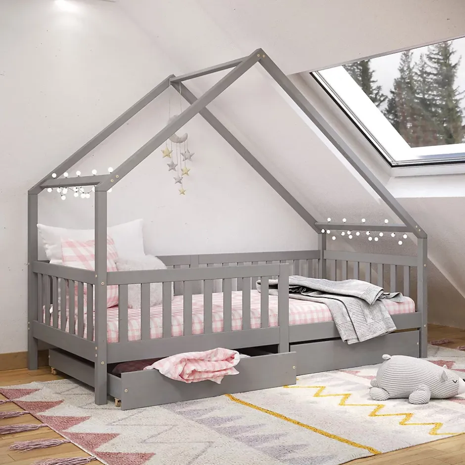 Idimex Lit cabane asymétrique ALVA avec tiroirs, 90 x 200 cm en pin massif lasuré gris Best