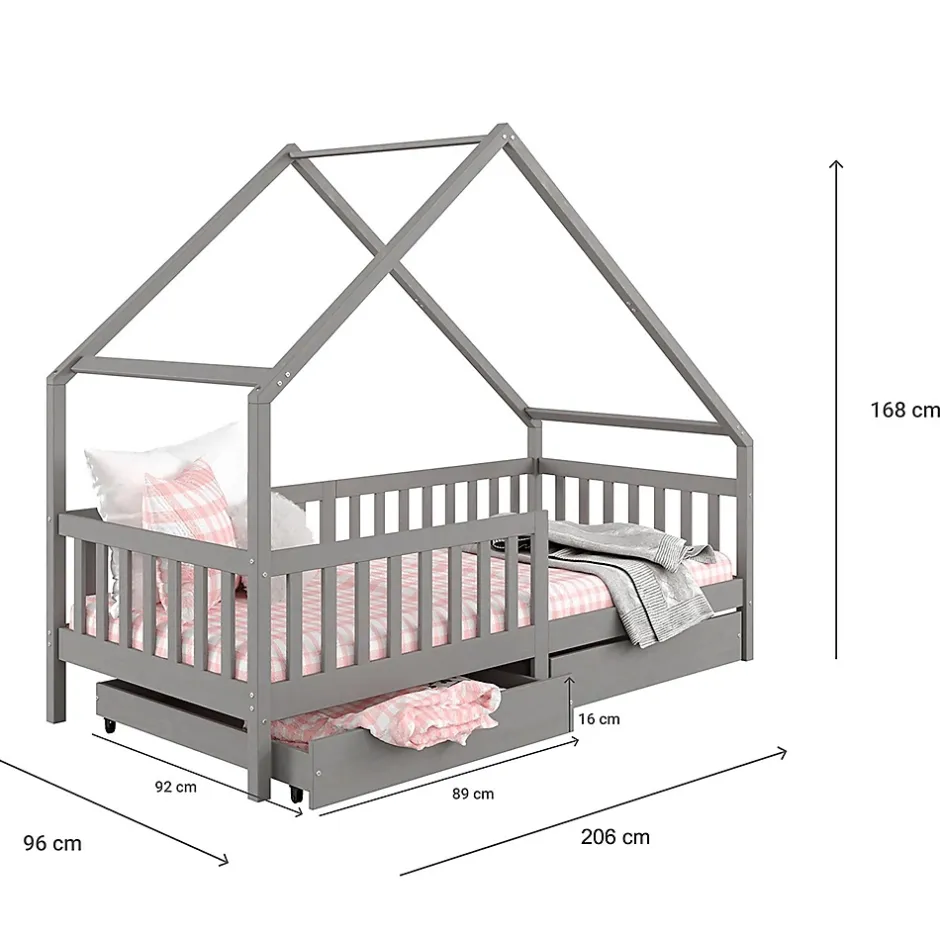 Idimex Lit cabane asymétrique ALVA avec tiroirs, 90 x 200 cm en pin massif lasuré gris Best