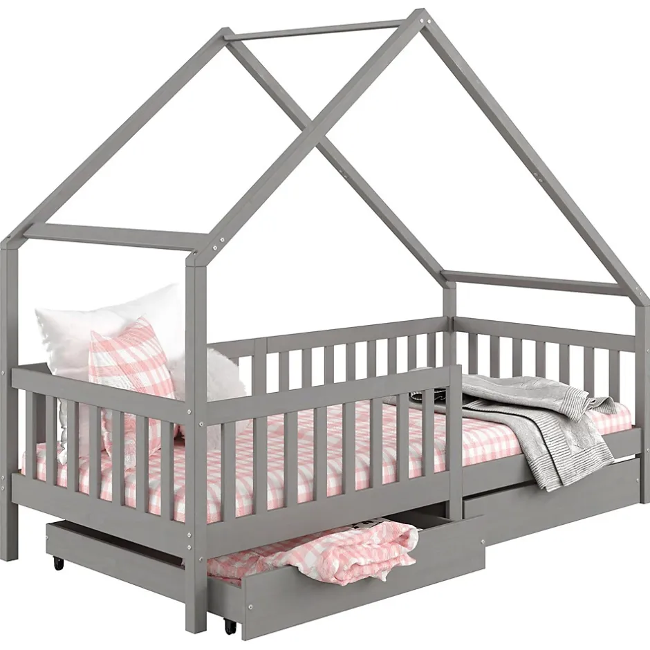 Idimex Lit cabane asymétrique ALVA avec tiroirs, 90 x 200 cm en pin massif lasuré gris Best