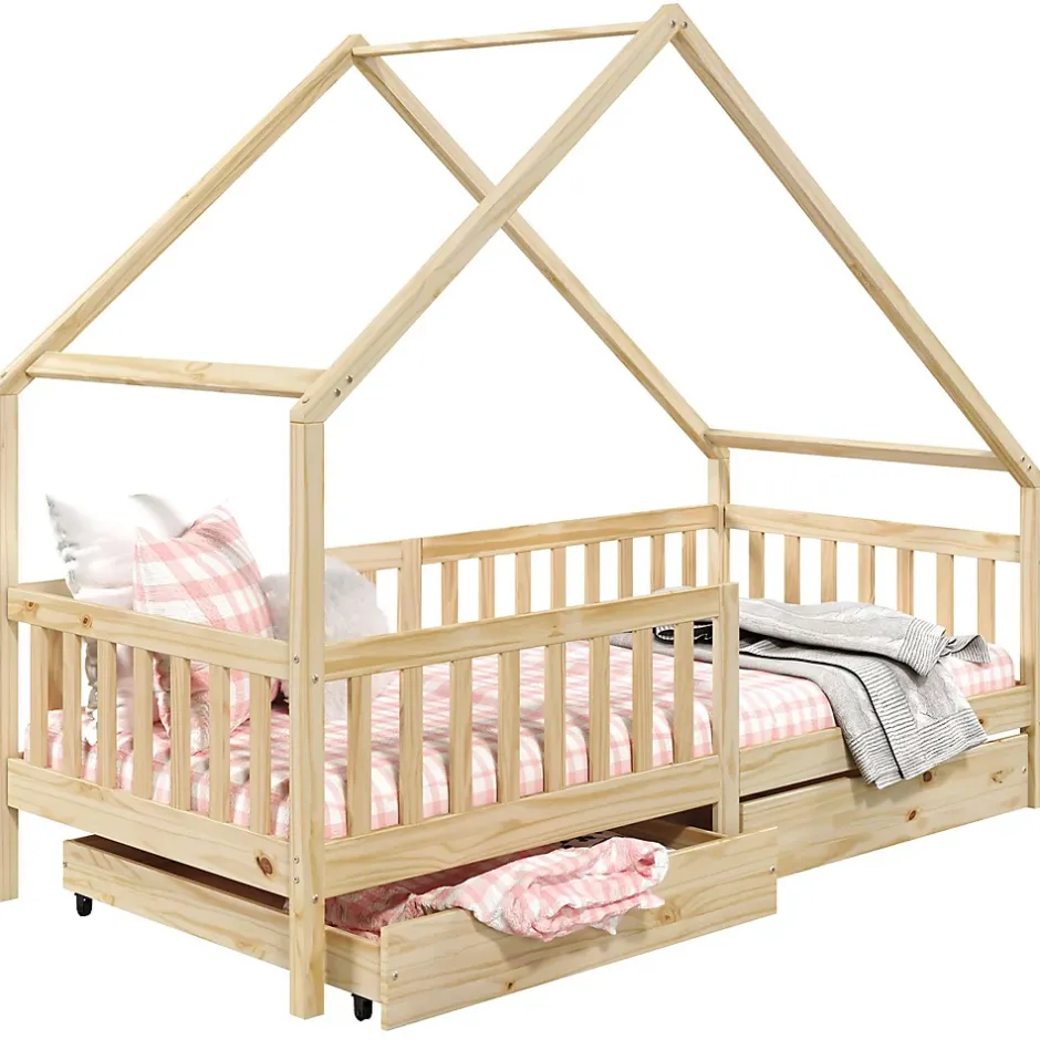 Idimex Lit cabane asymétrique ALVA avec tiroirs, 90 x 190 cm en pin massif finition naturelle Discount