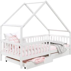 Enfant Idimex Lit cabane asymétrique ALVA avec tiroirs, 90 x 200 cm en pin massif lasuré blanc