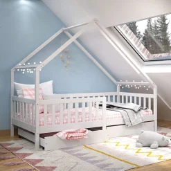 Enfant Idimex Lit cabane asymétrique ALVA avec tiroirs, 90 x 200 cm en pin massif lasuré blanc