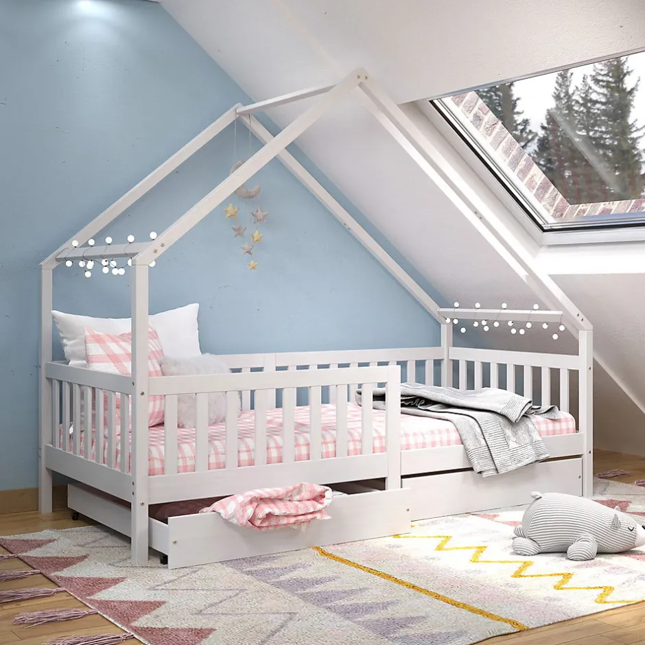 Enfant Idimex Lit cabane asymétrique ALVA avec tiroirs, 90 x 200 cm en pin massif lasuré blanc