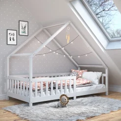 Idimex Lit cabane asymétrique CORA 90 x 190 cm en pin massif lasuré blanc Best