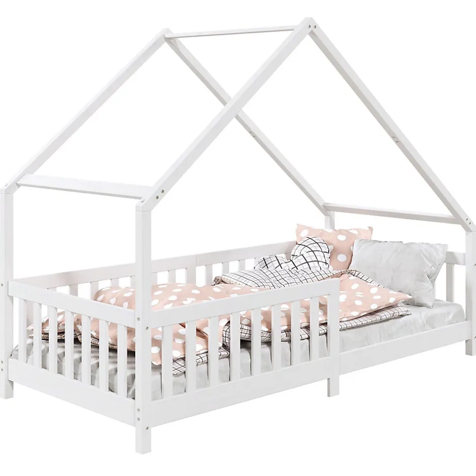 Idimex Lit cabane asymétrique CORA 90 x 190 cm en pin massif lasuré blanc Best
