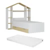 Enfant Vente-unique Lit cabane 90 x 190 cm - Coloris : Blanc et naturel + Matelas - JERACO