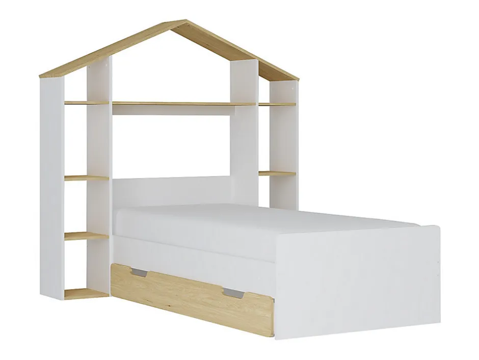Enfant Vente-unique Lit cabane 90 x 190 cm - Coloris : Blanc et naturel + Matelas - JERACO