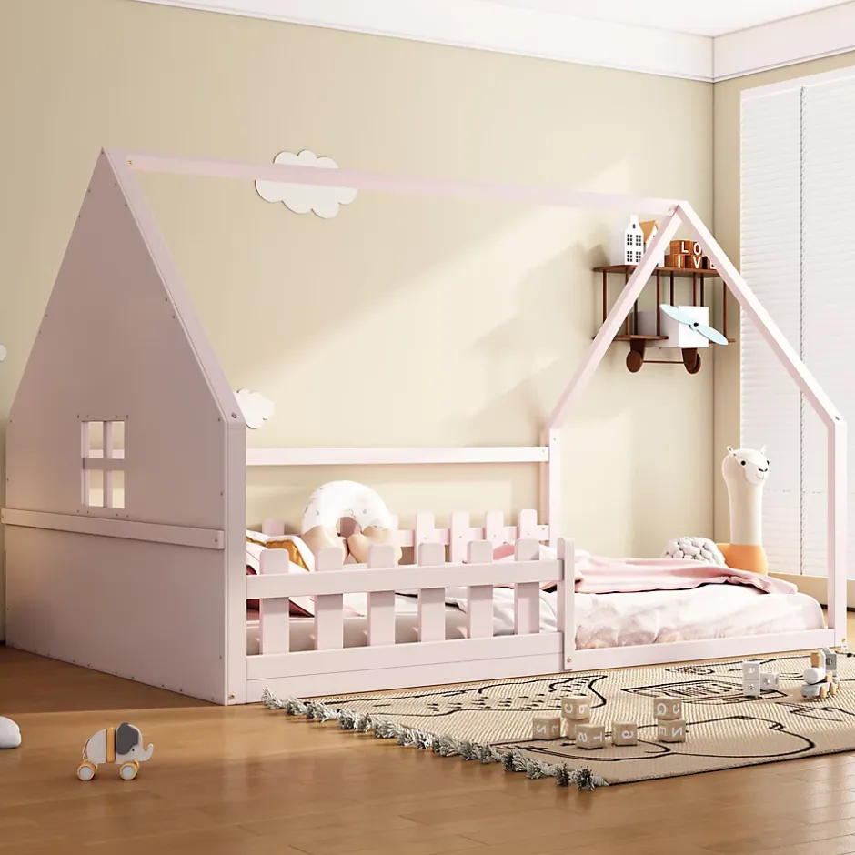 Okwish Lit cabane 140 x 200 cm - Lit double enfant avec barrières - Pin + MDF - Sans matelas - Rose Sale