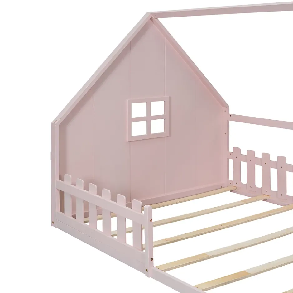 Okwish Lit cabane 140 x 200 cm - Lit double enfant avec barrières - Pin + MDF - Sans matelas - Rose Sale