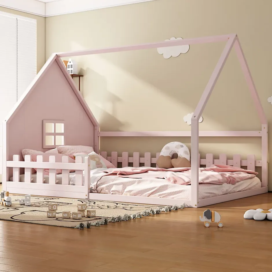 Okwish Lit cabane 140 x 200 cm - Lit double enfant avec barrières - Pin + MDF - Sans matelas - Rose Sale
