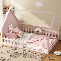Okwish Lit cabane 140 x 200 cm - Lit double enfant avec barrières - Pin + MDF - Sans matelas - Rose Sale